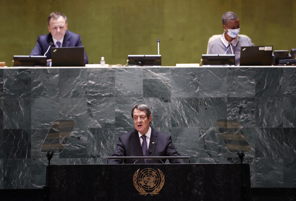 Nicos Anastasiades, President of Cyprus addresses the 76th Session of the U.N. General Assembly at United Nations headquarters in New York, on Friday, Sept. 24, 2021. (John Angelillo /Pool Photo via AP)