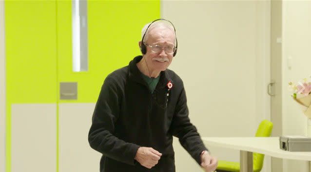 Transformed dementia patient Sean O'Malley clicks his fingers and shakes his hips while listening to an Elvis classic in hospital. Picture: Western Sydney Health