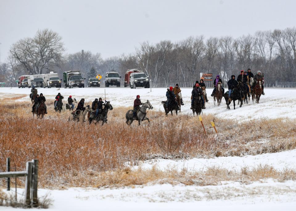 The final Dakota 38+2 Memorial Ride continues east of Howard, SD, on Wednesday, December 14, 2022. The horseback journey stretches from the Lower Brule Sioux Tribe to Mankato, MN, commemorating Dakota warriors who died in the largest single-day mass execution in the country on Dec. 26, 1862.