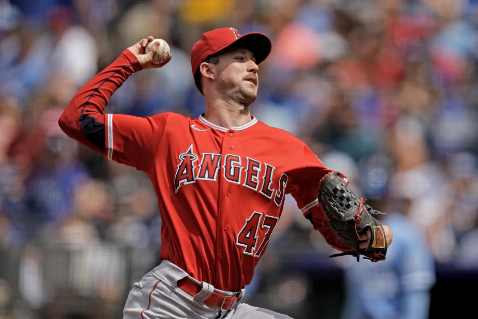 Los Angeles Angels starting pitcher Griffin Canning throws during the first inning of a baseball game against the Kansas City Royals Saturday, June 17, 2023, in Kansas City, Mo. (AP Photo/Charlie Riedel)