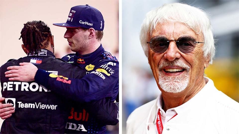 Former F1 chief Bernie Ecclestone (pictured right) and Lewis Hamilton and Lewis Hamilton embracing (pictured left).