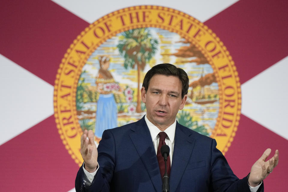 FILE - Florida Gov. Ron DeSantis speaks during a news conference to sign several bills related to public education and increases in teacher pay, in Miami, on May 9, 2023. (AP Photo/Rebecca Blackwell, File)