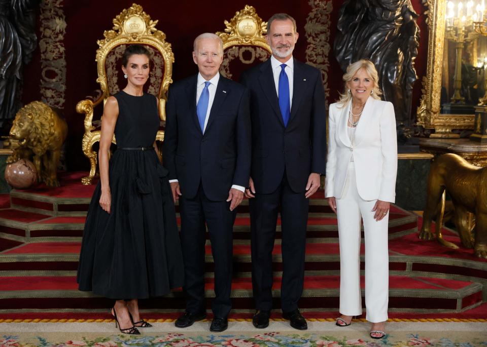 Spain's Queen Letizia, President Joe Biden, Spain's King Felipe VI and First Lady Jill Biden pose for pictures before their meeting during the NATO summit, at the Palacio Real in Madrid, on June 28, 2022.