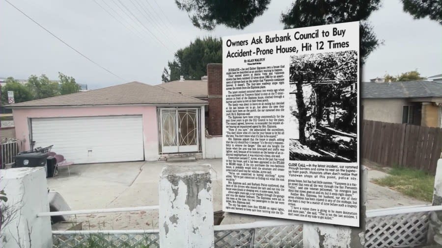 A pink house on the corner of Vanowen and Buena Vista Streets that neighbors say is the most accident-prone house in the county. (KTLA)