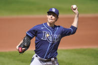 Tampa Bay Rays starting pitcher Ryan Yarbrough throws a pitch to the Baltimore Orioles during the second inning of a baseball game, Sunday, Sept. 20, 2020, in Baltimore. (AP Photo/Julio Cortez)