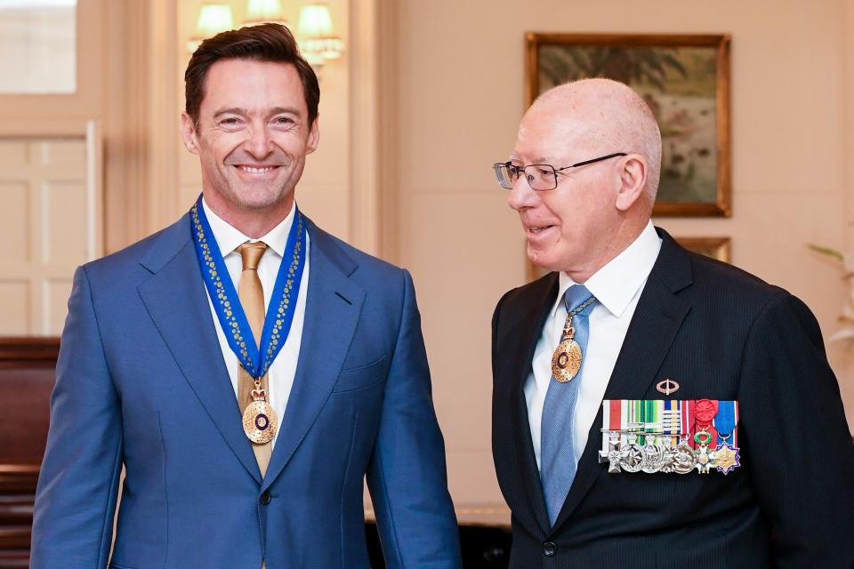 Hugh Jackman is awarded an Order of Australia by The Governor-General of Australia David Hurley at Government House in Melbourne, Australia, on Friday.