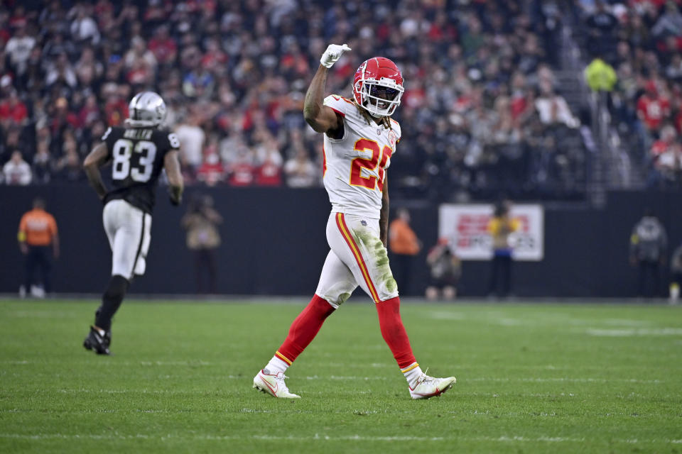 Kansas City Chiefs safety Justin Reid (20) celebrates after breaking up a pass intended for Las Vegas Raiders tight end Darren Waller (83) during the second half of an NFL football game Saturday, Jan. 7, 2023, in Las Vegas. (AP Photo/David Becker)