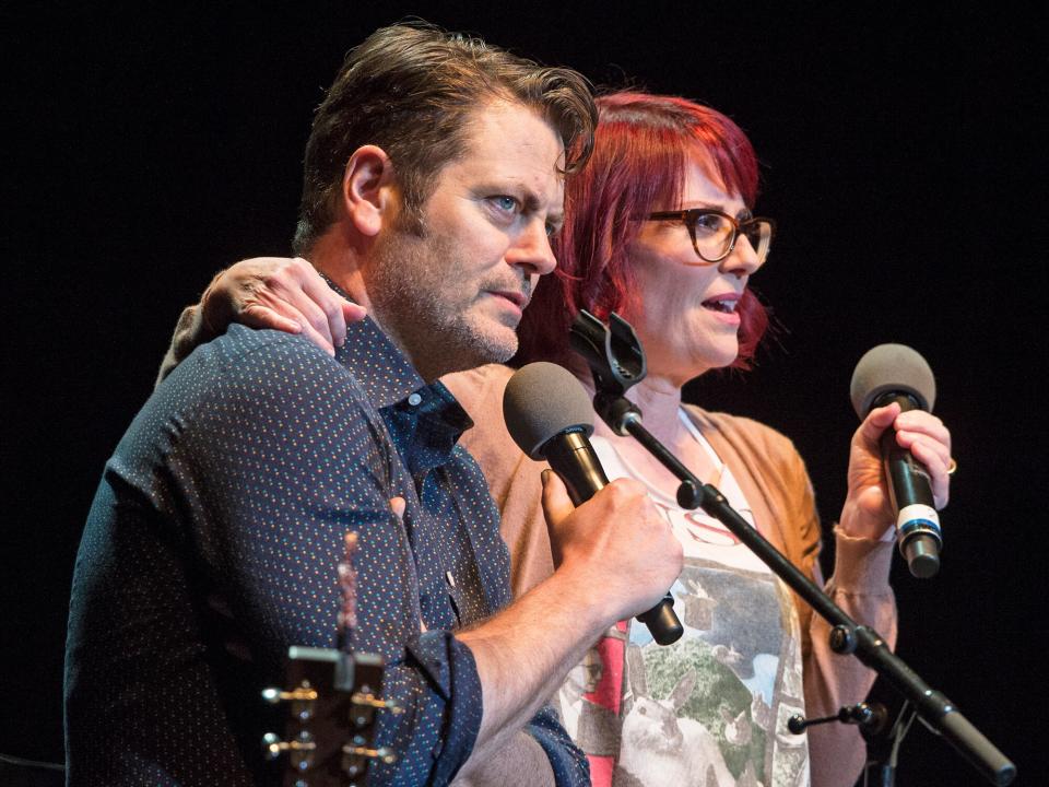 Nick Offerman (L) and Megan Mullally perform during the "Summer of 69: No Apostrophe" Tour at The Wiltern on May 21, 2015 in Los Angeles, California