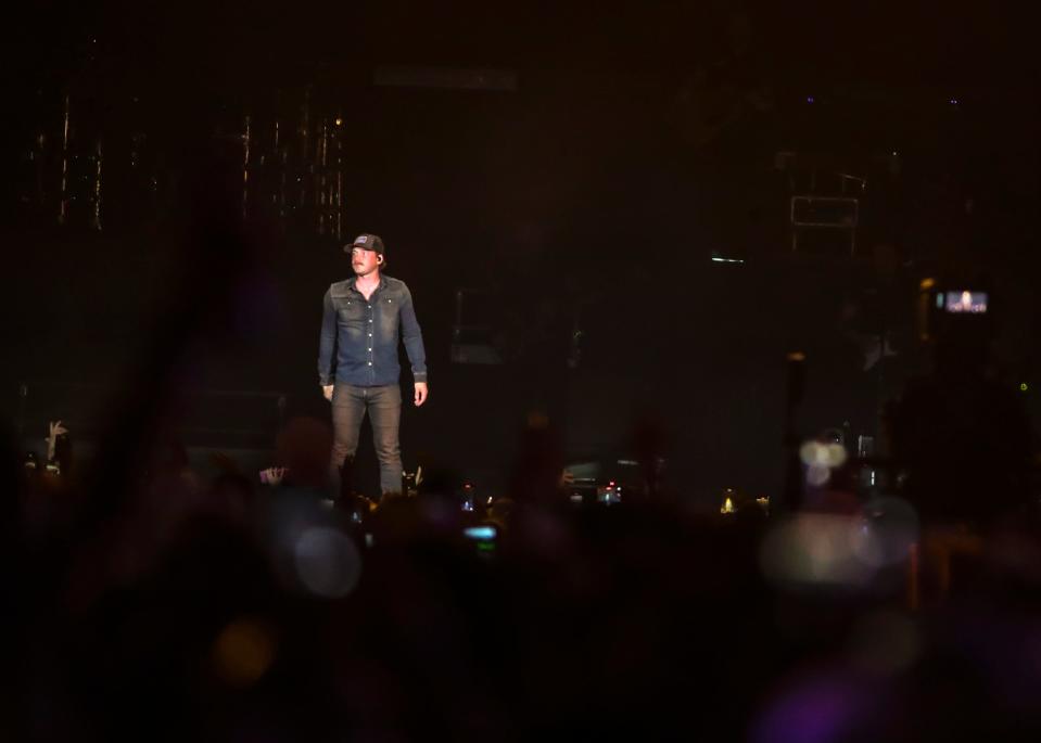 Morgan Wallen talks to the crowd between songs in his headlining set on the Mane Stage during Stagecoach country music festival in Indio, Calif., Sunday, April 28, 2024.