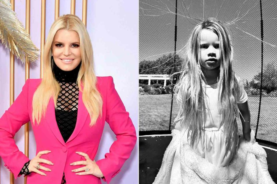 <p>Amy Sussman/Getty Images; Jessica Simpson Instagram</p> Jessica Simpson, daughter Birdie Mae posing on a trampoline