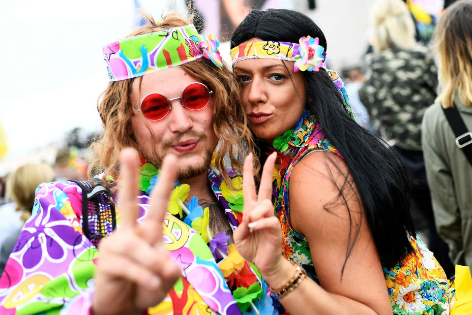 <p>Revellers smile at Worthy Farm in Somerset during the Glastonbury Festival in Britain, June 23, 2017. (Photo: Dylan Martinez/Reuters) </p>