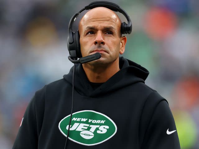 <p>Mike Stobe/Getty</p> Robert Saleh looks on in a Jets game at MetLife Stadium on November 27, 2022.