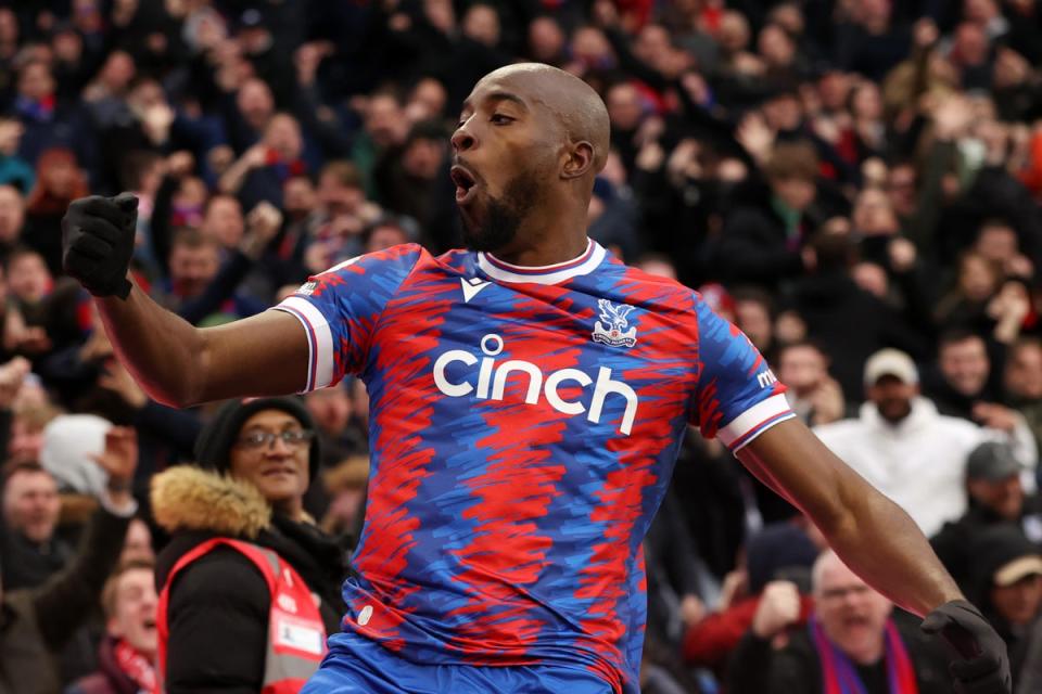 Last-gasp winner: Jean-Philippe Mateta celebrates his late, late goal against Leicester for Crystal Palace (Getty Images)