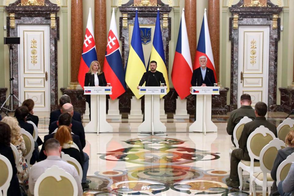 Slovak President Zuzana Čaputová (L), Ukrainian President Volodymyr Zelensky (C), and Czech President Petr Pavel (R) attend a press conference in Kyiv, Ukraine, on April 28, 2023. Čaputová and Pavel reaffirmed their countries' dedication to supporting Ukraine amid Russia's war. (Tarasov/Ukrinform/Future Publishing via Getty Images)