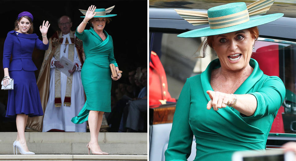 Sarah Ferguson wore an emerald wrap dress to arrive at the royal wedding. [Photo: Getty]