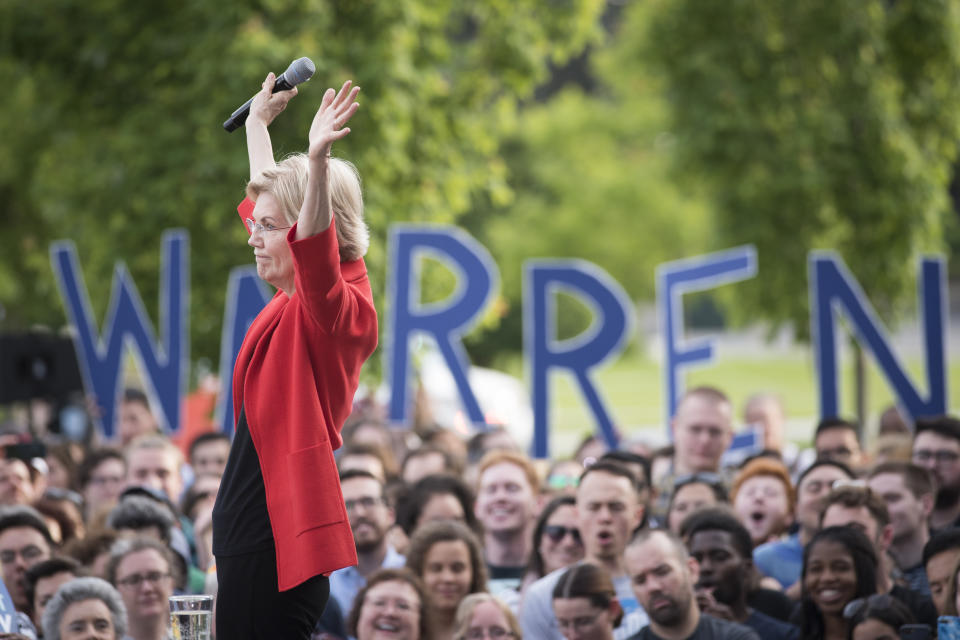 Democratic presidential candidate Sen. Elizabeth Warren, D-Mass., addresses a campaign rally at George Mason University in Fairfax, Thursday, May 16, 2019. (AP Photo/Cliff Owen)