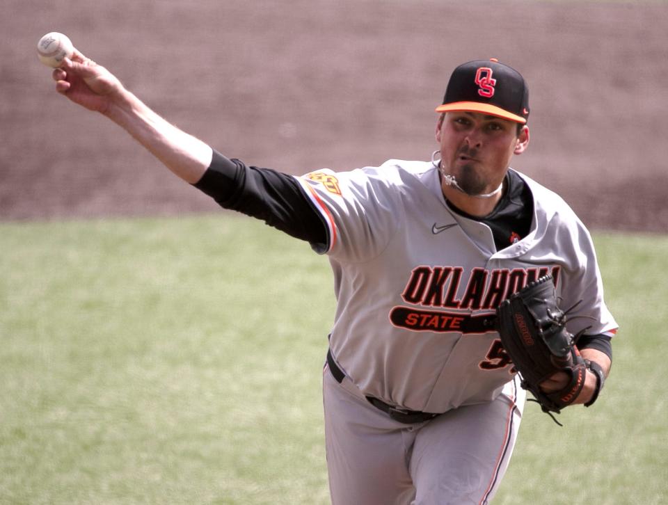 Oklahoma State righthander Ben Abram delivers a pitch during the Cowboys' 9-4 victory Saturday over Texas Tech at Dan Law Field/Rip Griffin Park. Abram allowed one run over six innings, helping OSU even the series at one game apiece.