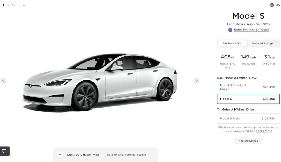 A white car against a white background with pricing information for Tesla Model S.