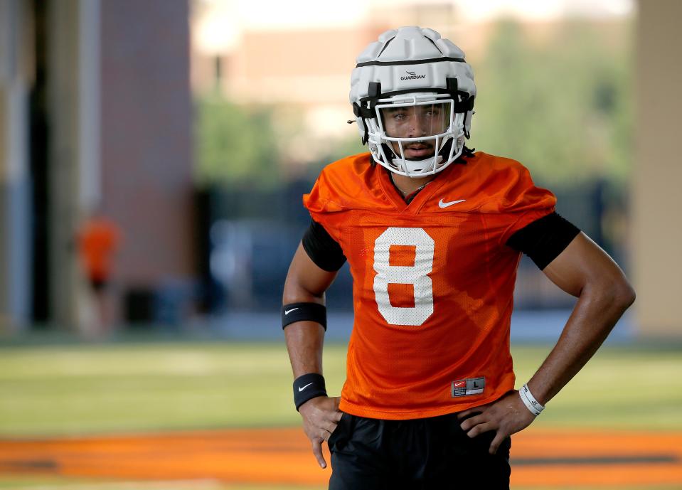 Oklahoma State's Blaine Green gets ready to run a passing route during a drill during an Oklahoma State University football practice in Stillwater, Okla., Wednesday, Aug., 2, 2023.