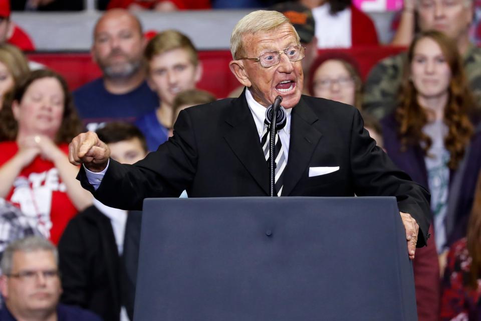 Former Notre Dame football coach Lou Holtz speaks during a campaign rally for Republican Senate candidate Mike Braun in 2018 (Getty Images)