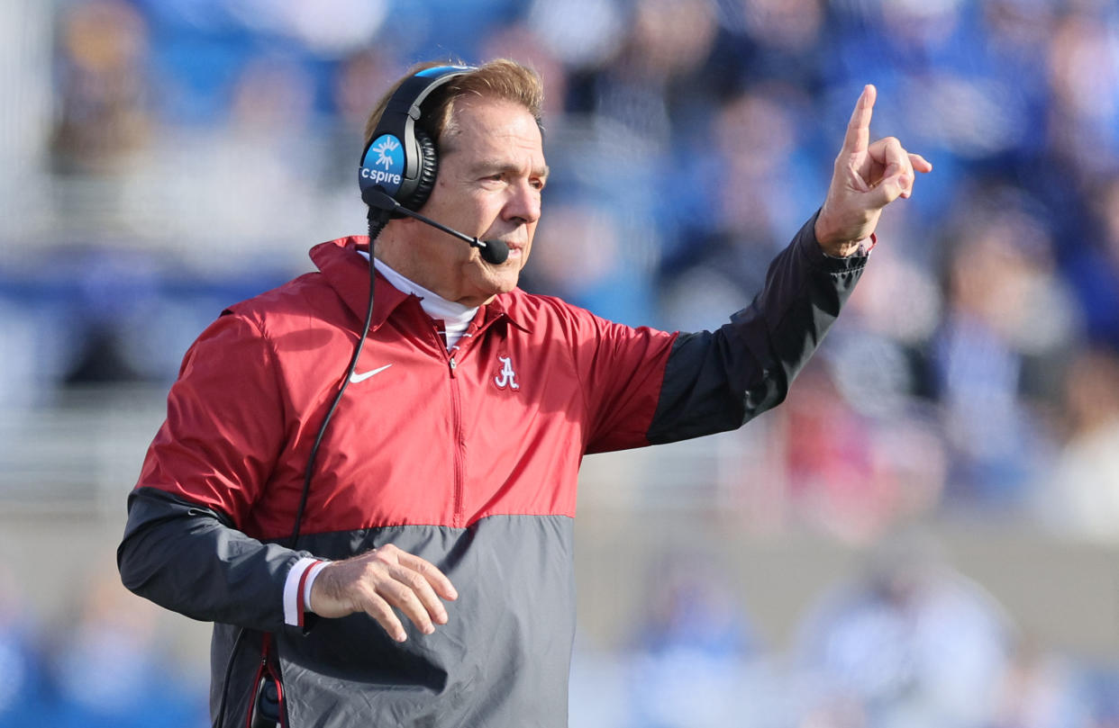 LEXINGTON, KENTUCKY - NOVEMBER 11: Nick Saban the head coach of the Alabama Crimson Tide against the Kentucky Wildcats at Kroger Field on November 11, 2023 in Lexington, Kentucky. (Photo by Andy Lyons/Getty Images)