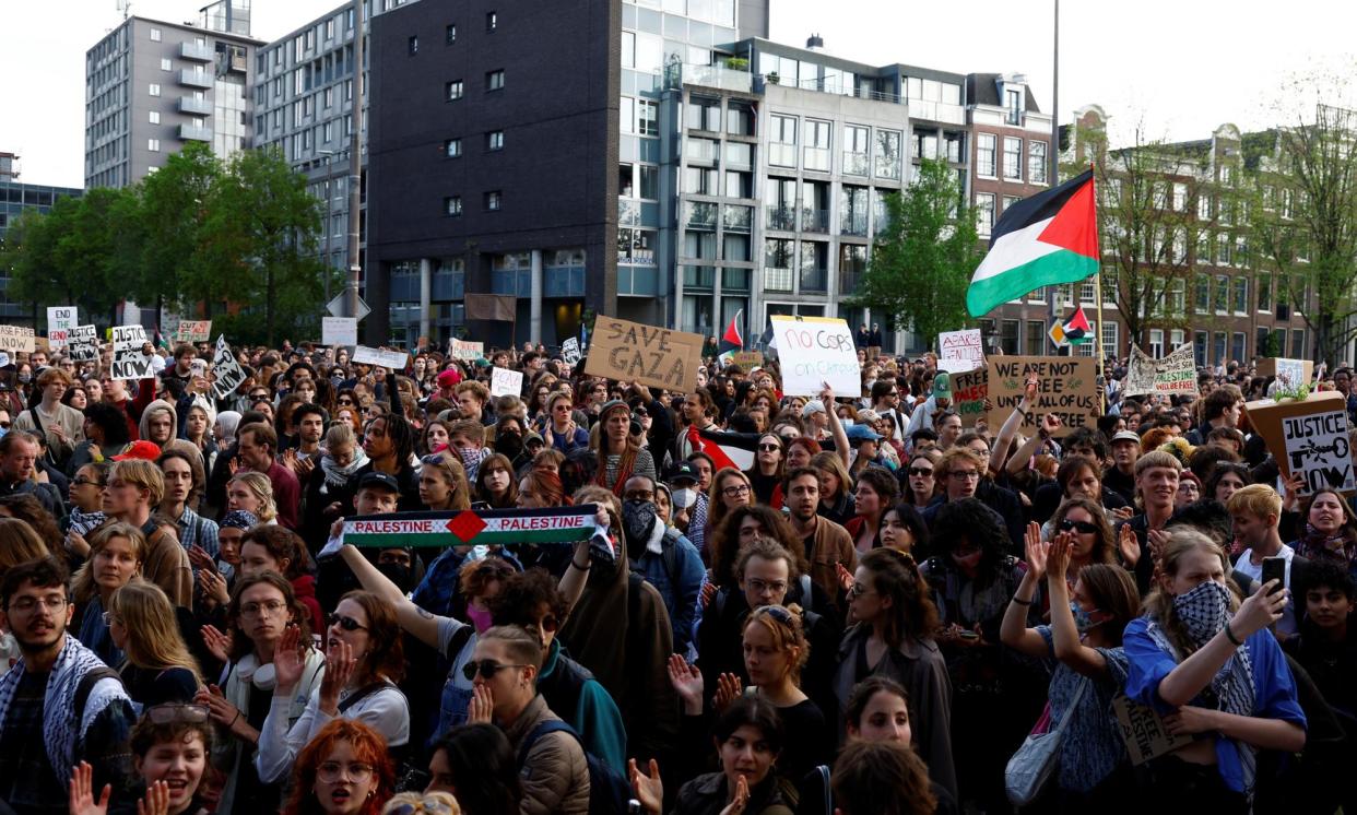 <span>The largest protest in mainland Europe was at the University of Amsterdam, where riot police were called in to break up a tent camp an encampment.</span><span>Photograph: Piroschka Van De Wouw/Reuters</span>