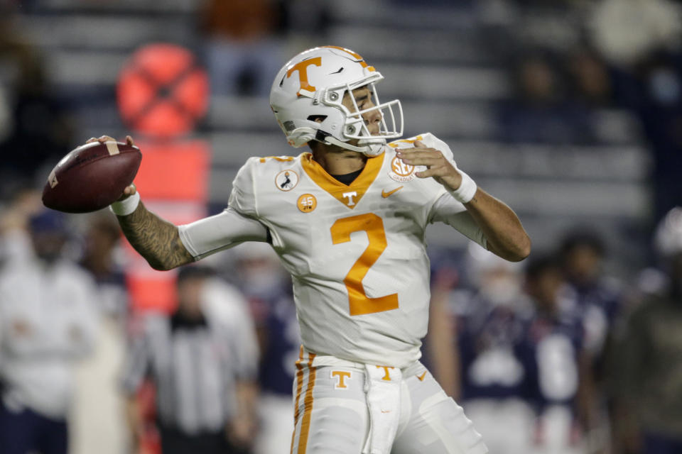 Tennessee quarterback Jarrett Guarantano throws a pass during the first half of the team's NCAA college football game against Auburn on Saturday, Nov. 21, 2020, in Auburn, Ala. (AP Photo/Butch Dill)