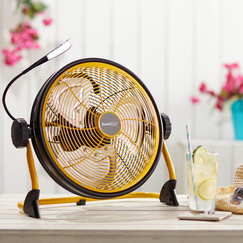 The Geek Aire 12" Rechargeable Water-Resistant Fan with LED Light is lightweight and rust-proof.