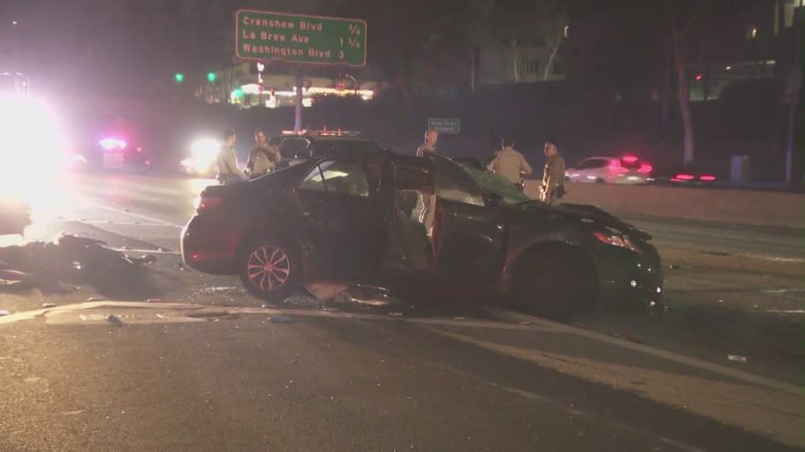 One person was killed and five others hurt after a violent crash on the 10 Freeway in Los Angeles early Sunday morning, CHP said. (KTLA)