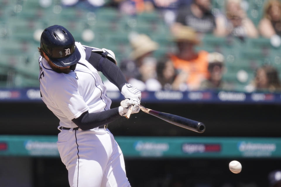 Detroit Tigers' Eric Haase breaks his bat as he grounds into a fielder's choice during the third inning of a baseball game against the New York Yankees, Sunday, May 30, 2021, in Detroit. (AP Photo/Carlos Osorio)