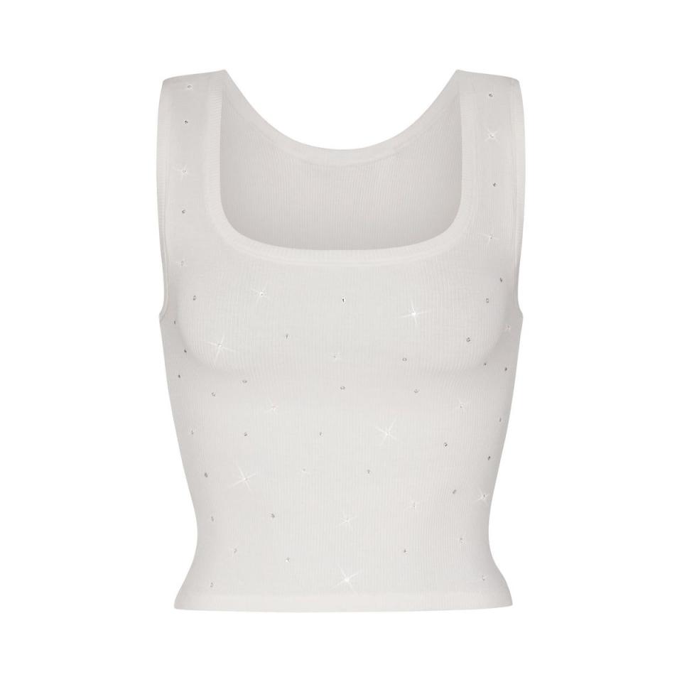 <p><a href="https://go.redirectingat.com?id=74968X1596630&url=https%3A%2F%2Fskims.com%2Fproducts%2Fswarovski-x-skims-cotton-rib-tank-marble&sref=https%3A%2F%2F" rel="nofollow noopener" target="_blank" data-ylk="slk:Shop Now;elm:context_link;itc:0;sec:content-canvas" class="link ">Shop Now</a></p><p>Cotton Rib Tank</p><p>skims.com</p><p>$58.00</p>