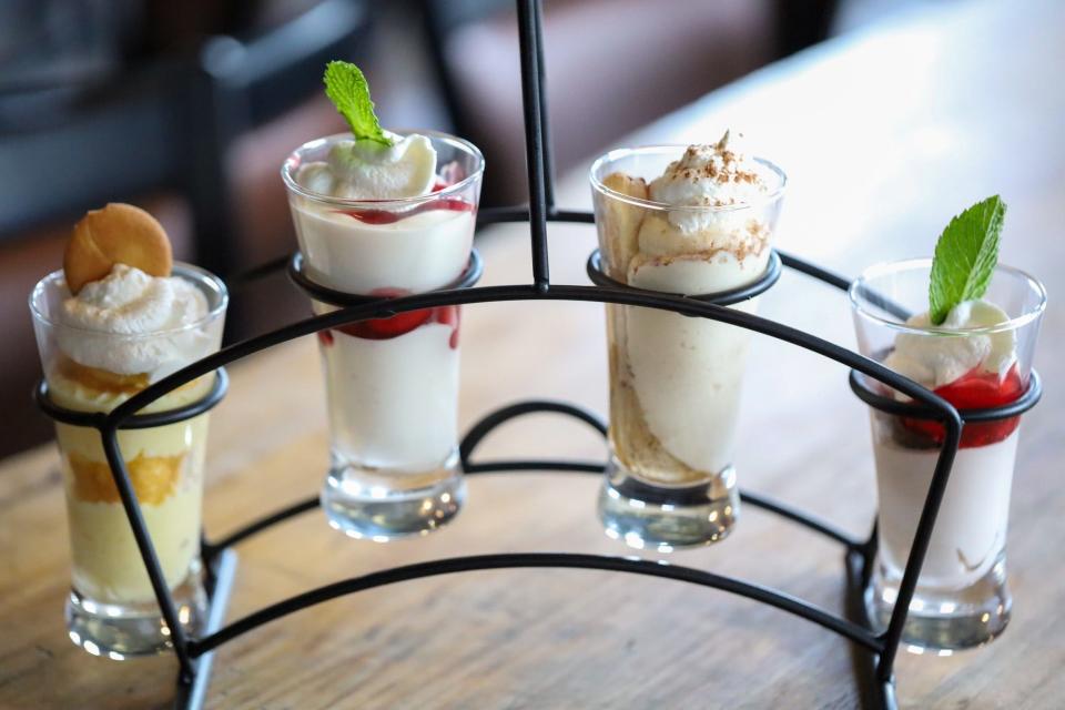 Dockside provides a waterfront dining experience in Bensalem, featuring upscale-casual offerings, such as this shareable dessert flight with  banana cream pie, black forest cake, tiramisu and strawberry cheesecake shooters.