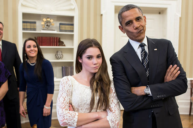 #8 Obama not impressed<br> U.S. President Barack Obama jokingly mimics U.S. Olympic gymnast McKayla Maroney's 'not impressed' expression while greeting members of the 2012 U.S. Olympic gymnastics teams in the Oval Office November 15, 2012 at the White House in Washington, D.C."He was the one who brought it up," Maroney told AP. "We were about to leave and he said, `I want to talk to you one second about the face.' He said, `I pretty much do that face at least once a day."'