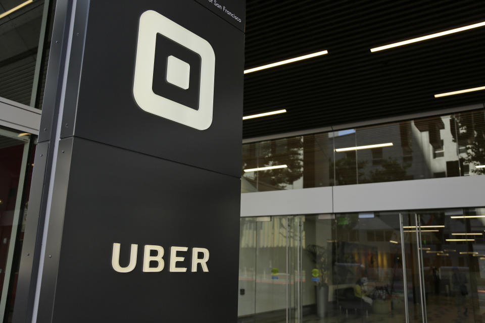 FILE - This Wednesday, June 21, 2017, file photo shows the building that houses the headquarters of Uber, in San Francisco. Uber acknowledged more than 3,000 sexual assaults occurred during U.S. Uber rides in 2018, the company said in a long-awaited safety report. (AP Photo/Eric Risberg, File)