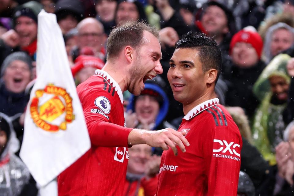 Casemiro of Manchester United celebrates after scoring the team's first goal with teammate Christian Eriksen (Getty Images)