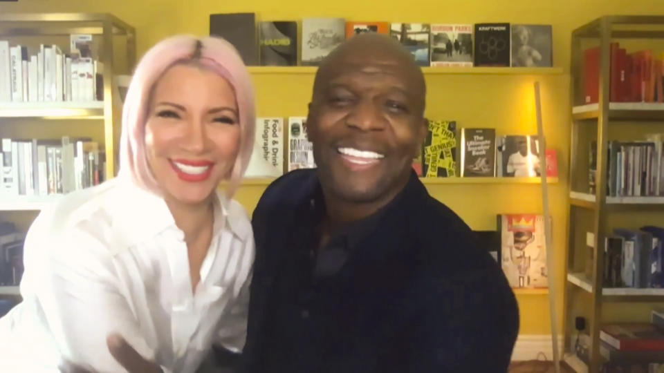 LOS ANGELES - MAY 18: James chats with Rebecca King-Crews and Terry Crews from his garage on THE LATE LATE SHOW WITH JAMES CORDEN, scheduled to air Monday May 18, 2020 (12:37-1:37 AM, ET/PT) on the CBS Television Network. Image is a screen grab. (Photo by CBS via Getty Images)