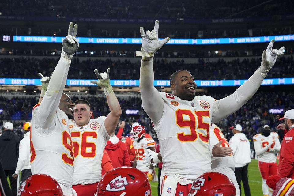 Kansas City Chiefs defensive tackle Chris Jones (95) celebrates winning the AFC Championship NFL football game against the Baltimore Ravens, Sunday, Jan. 28, 2024, in Baltimore. (AP Photo/Matt Slocum)