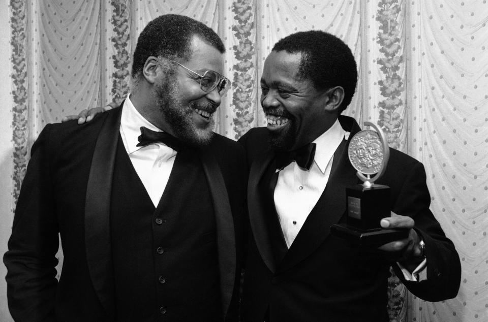 1982: James Earl Jones, left, congratulates South African actor Zakes Mokae who holds the Tony he won in New York, Sunday, June 7, 1982, as best supporting actor. Mokae played the black café servant in 