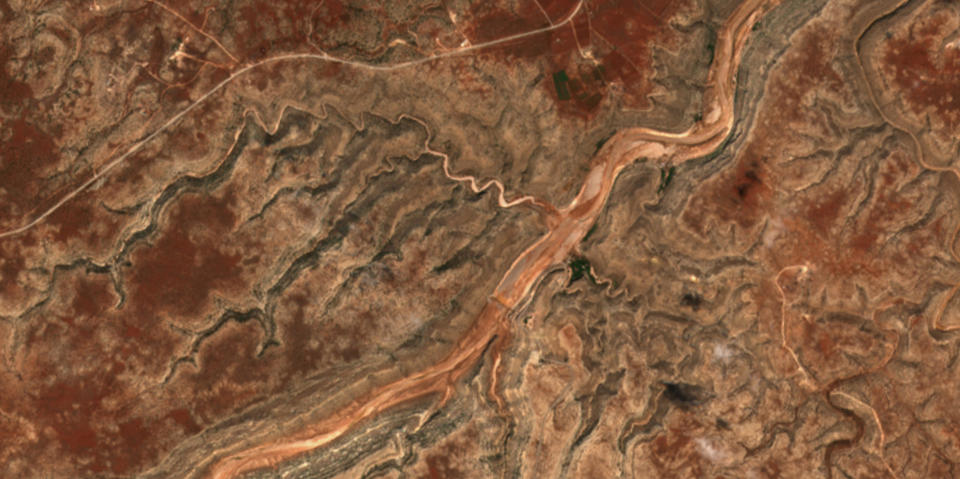 A satellite view of a dam near Derna, Libya, on Sept. 12, 2023, after it burst. in this handout image. / Credit: EUROPEAN UNION/COPERNICUS SENTINEL-2/Handout via REUTERS