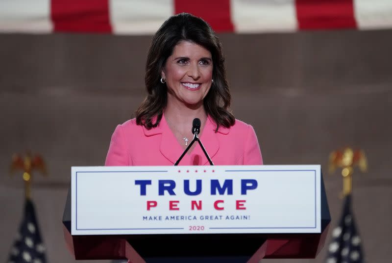 Former U.S. Ambassador to the United Nations Nikki Haley speaks to the 2020 Republican National Convention in a live address from Washington