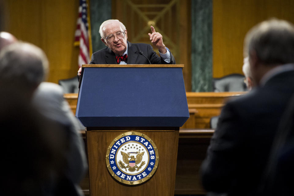 Retired Justice Stevens speaks after receiving the Paul H. Douglas Award for Ethics in Government on April 29, 2014, in the Dirksen Senate Office Building.