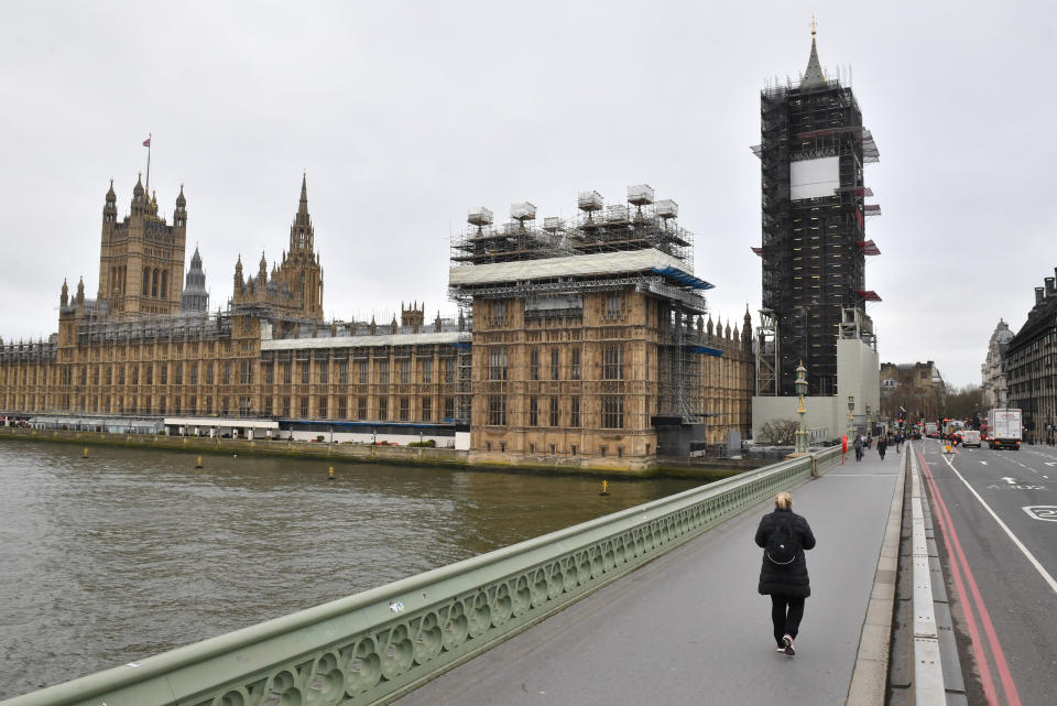 A very quiet Westminster Bridge, as the death toll from coronavirus in the UK reached 71 people.