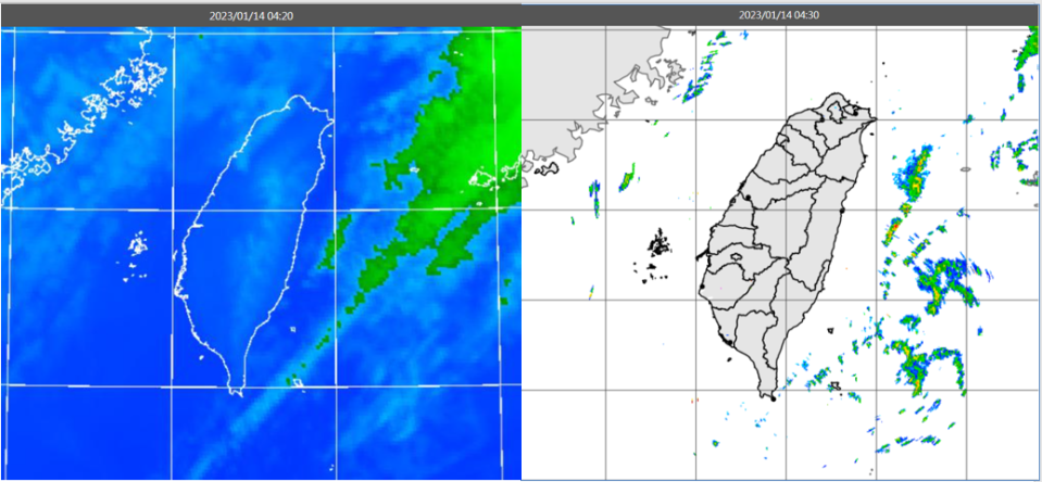 14日4：20紅外線色調強化雲圖顯示，台灣上空大多晴朗、有零散雲層。（翻攝自「三立準氣象· 老大洩天機」）