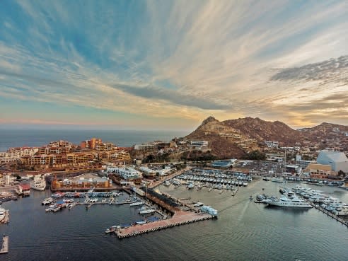 Aerial view of the Marina in Cabo San Lucas during the sunset.