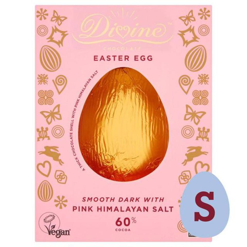 <p>Divine's chocolate is pretty much just that, and the addition of sea salt is a glorious extra. It's a fairtrade option, made with no palm oil.</p><p>Divine dark egg with pink Himalayan salt, £5, Ocado</p><p><a class="link " href="https://go.redirectingat.com?id=127X1599956&url=https%3A%2F%2Fwww.ocado.com%2Fwebshop%2Fproduct%2FDivine-Dark-Egg-with-Pink-Himalayan-Salt%2F445290011%3Ffrom%3Dsearch%26param%3Dvegan%2Beaster%2Begg&sref=https%3A%2F%2Fwww.cosmopolitan.com%2Fuk%2Fworklife%2Fg15871251%2Fvegan-easter-eggs%2F" rel="nofollow noopener" target="_blank" data-ylk="slk:BUY NOW;elm:context_link;itc:0;sec:content-canvas">BUY NOW</a></p>