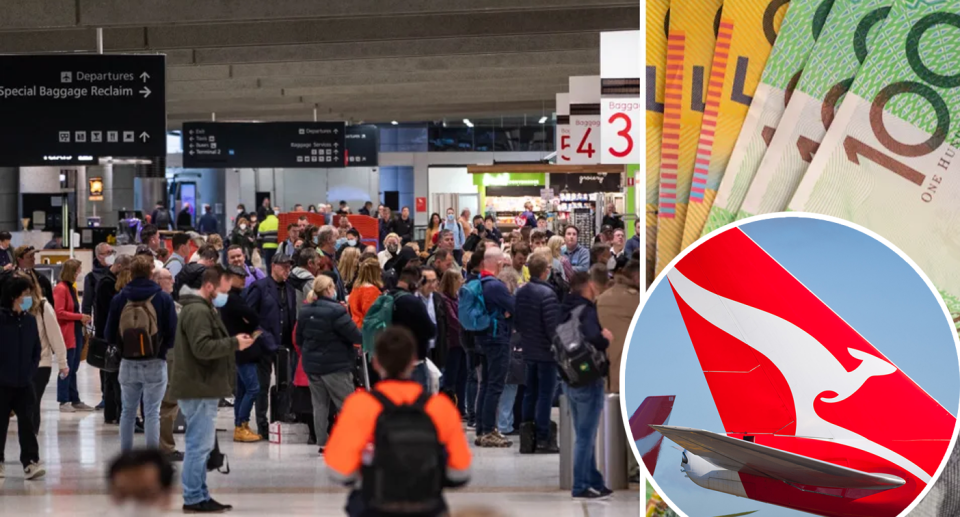 Crowds at Sydney airport lining up to catch a flight, Australian currency and the Qantas logo.