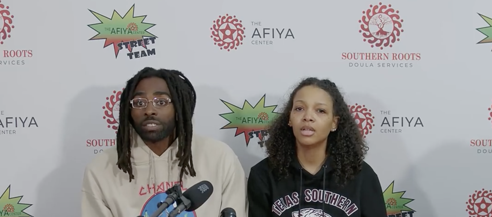 Temecia and Rodney Jackson in a press conference after their daughter was placed in DFPS custody. / Credit: The Afiya Center