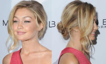 <p>This falling-out chignon Hadid wore in early 2015 is effortless— but not really. </p>