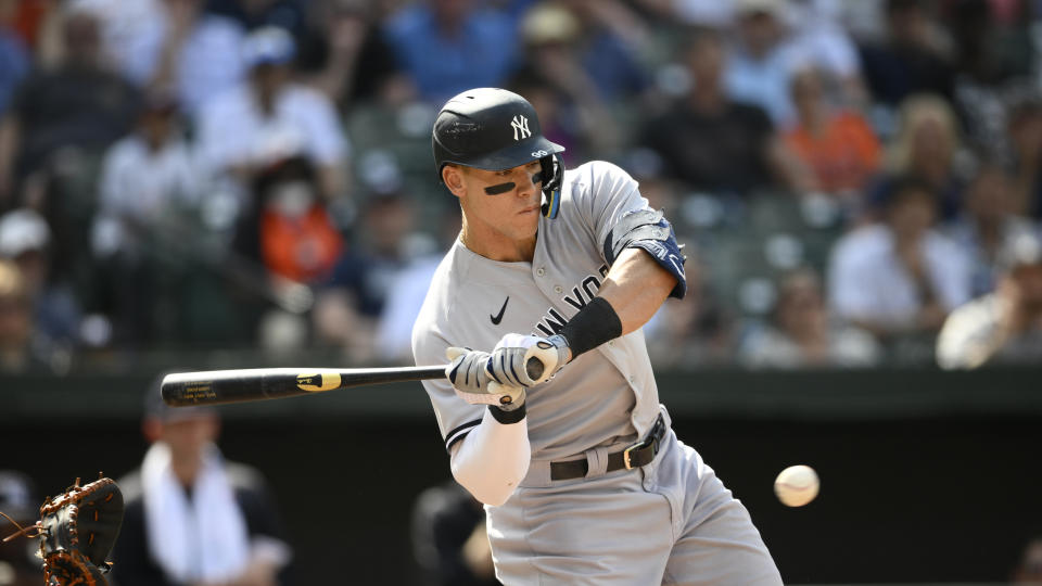 Aaron Judge de los Yankees de Nueva York en acción durante un partido de béisbol contra los Orioles de Baltimore, el jueves 19 de mayo de 2022, en Baltimore.  (Foto AP/Nick Wass)