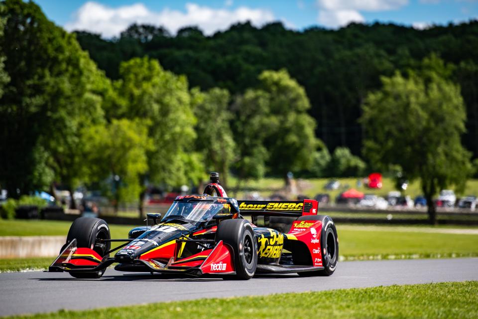 Rahal Letterman Lanigan Honda driver Pietro Fittipaldi races off Turn 3 during NTT IndyCar Series practice Friday on his first trip to Road America.